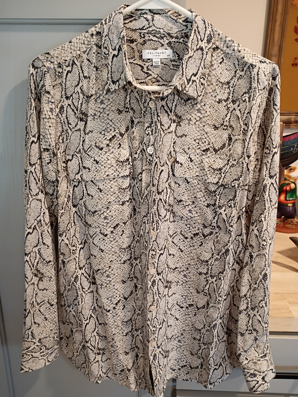 Equipment Snake Print Silk Button-Up Blouse in Beige and Black